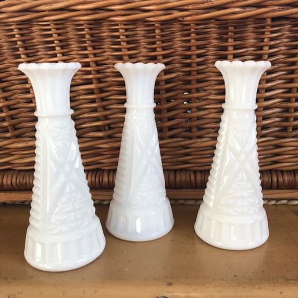 Collection of 3 Vintage White Milk Glass Stars & Bars 6” Vases - Picture 1 of 6